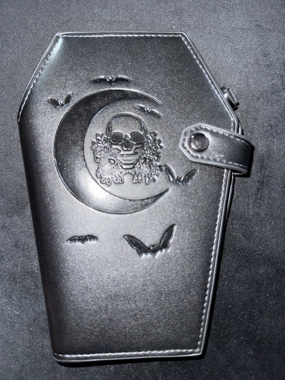 Coffin-Shaped Black Embossed Moon & Skull Clutch